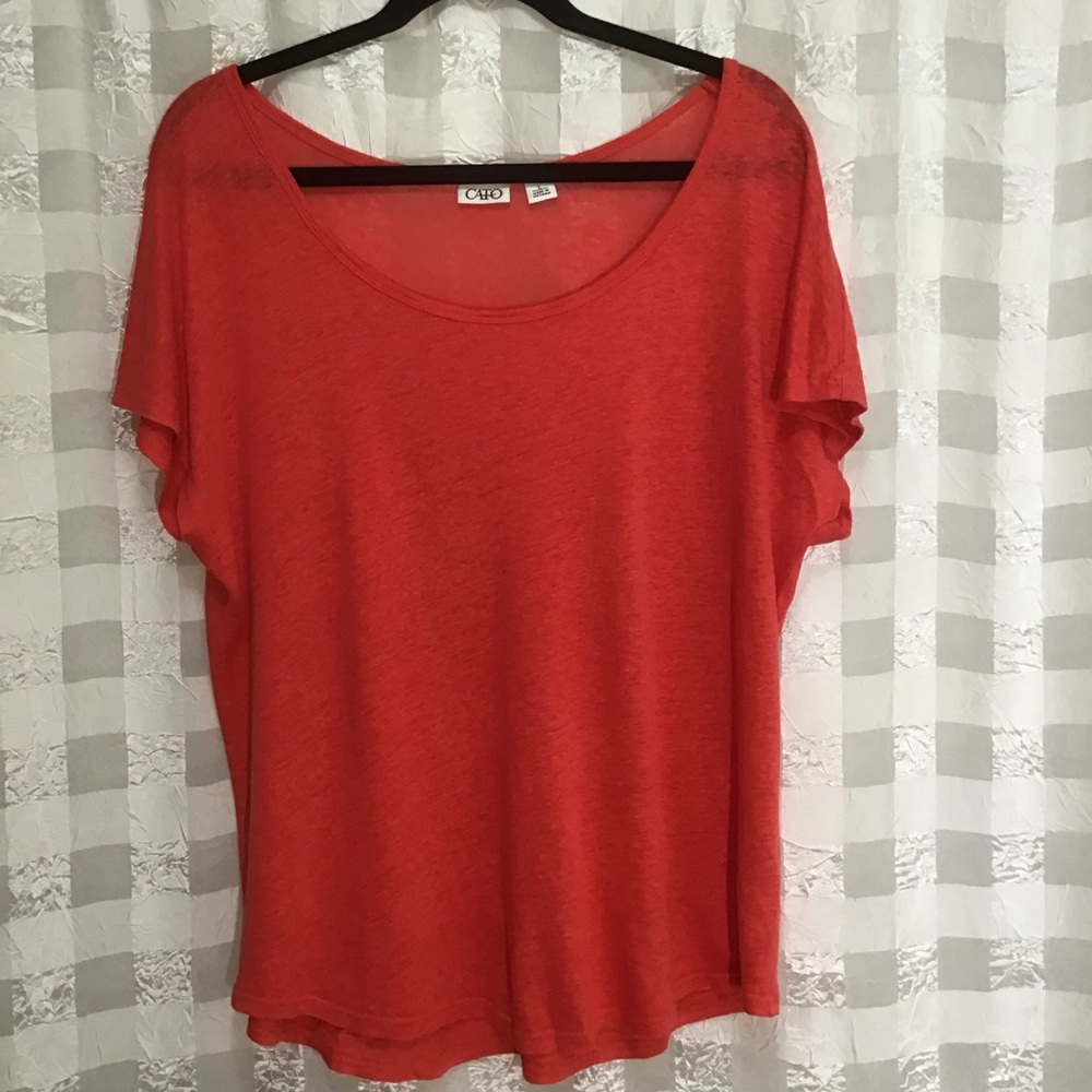Cato Linen Salmon Colored Short Sleeve Curved Hem Top